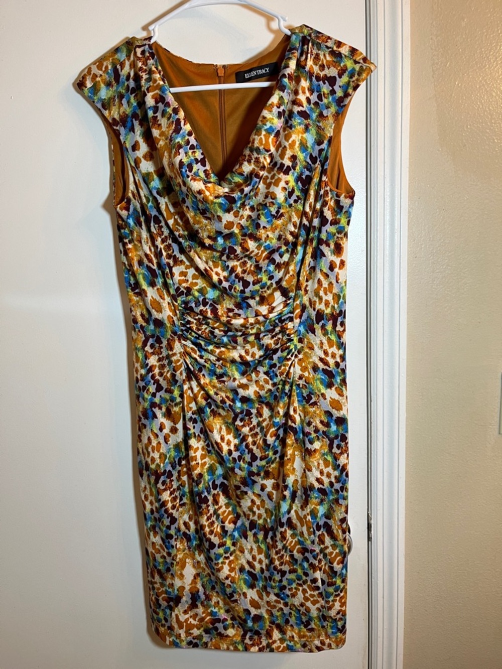 Ellen Tracy Multicolor Cowl-Neck Animal Print Midi Dress
